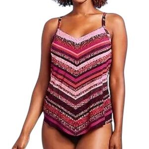 AQUA GREEN blousy modest V neck angled tankini swim top Large style 677422 NWOT